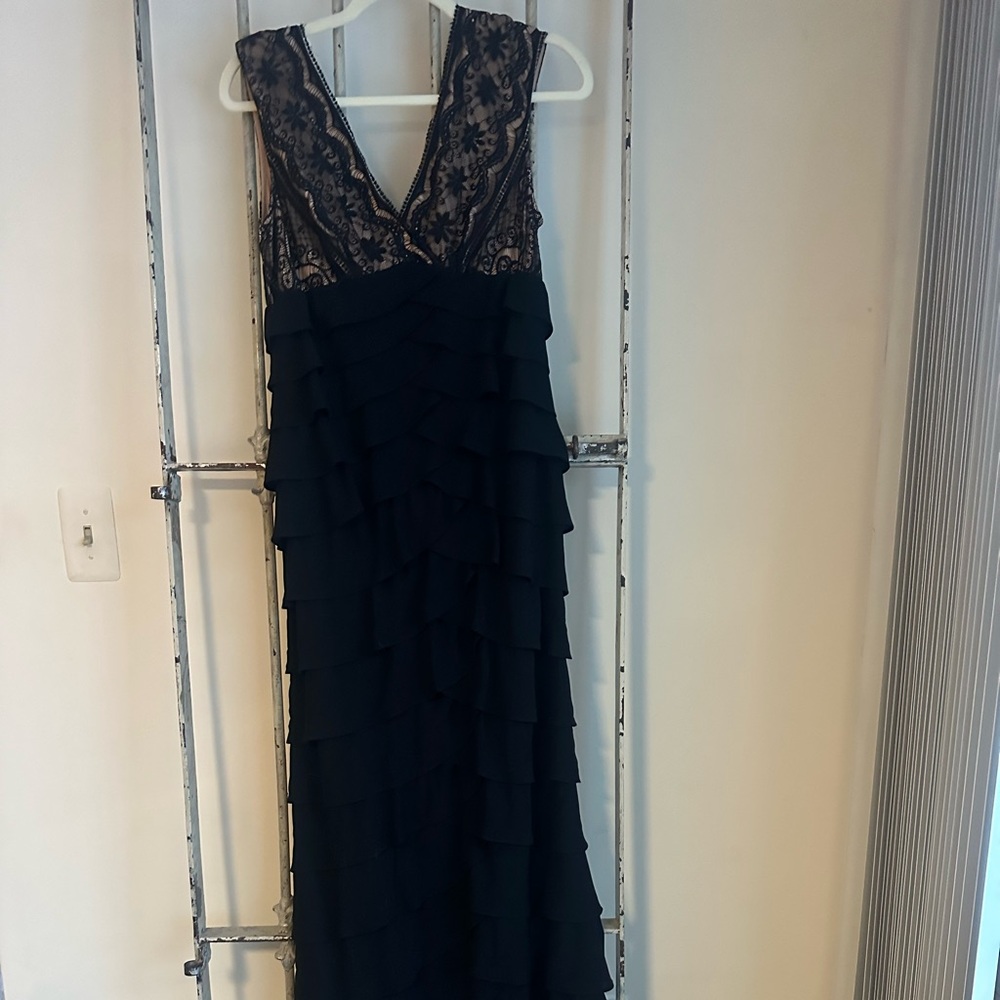 Black ruffle layered Adrianna Papell gown